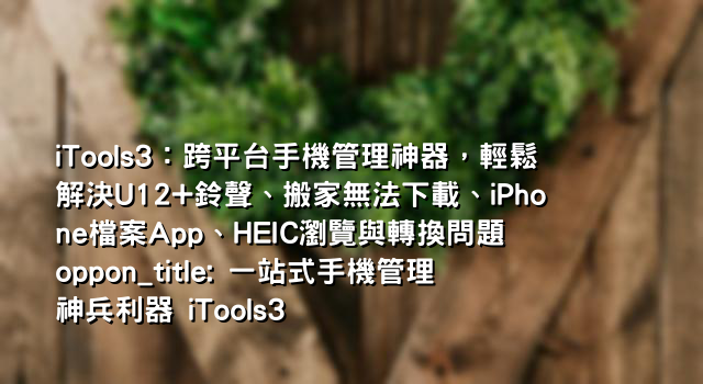 iTools3：跨平台手機管理神器，輕鬆解決U12+鈴聲、搬家無法下載、iPhone檔案App、HEIC瀏覽與轉換問題 oppon_title: 一站式手機管理神兵利器 iTools3
